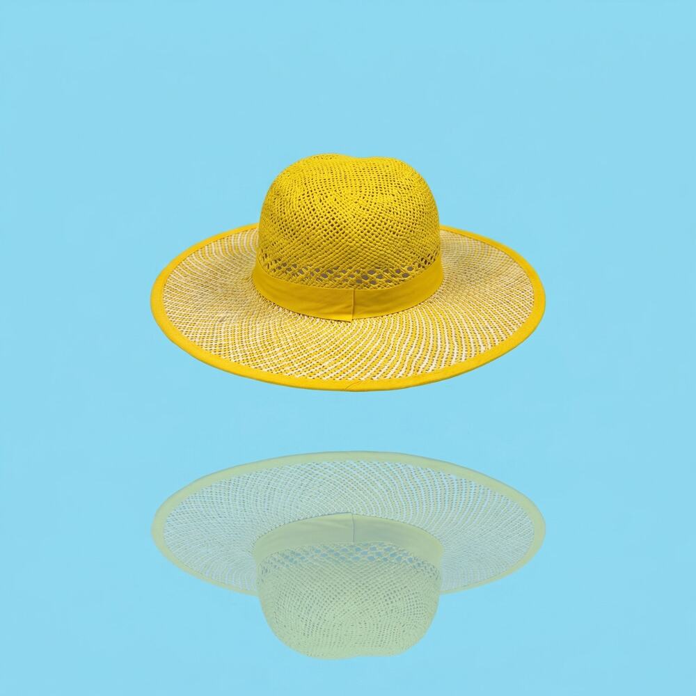 Vintage Wide Brim Straw Sun Hat, Yellow Ribbon & Trim, Summer Beach Hat